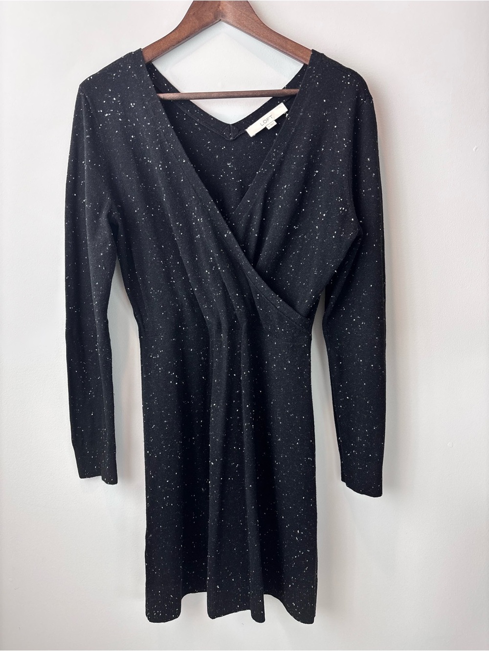 LOFT Black Speckled Long Sleeve Midi Dress